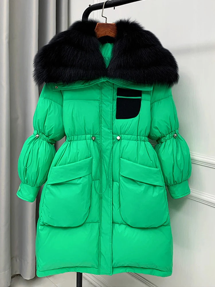 

Женская парка с воротником из натурального Лисьего меха, зимняя Толстая теплая Свободная куртка с белым гусиным пухом 2024, 90%