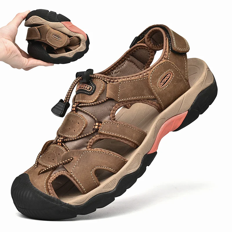 

Summer Men Casual Shoes Outdoor Beach Hiking Trekking Slip on Light Breathable Breathable Cowhide Non-slip Roman Soft Bottom