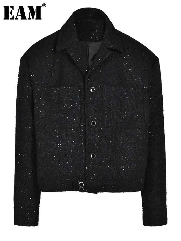 

[EAM] Свободная черная Толстая куртка с блестками, большой размер, Новое Женское пальто с отворотом и длинным рукавом, модная весенне-осенняя коллекция 2024, CPG0499