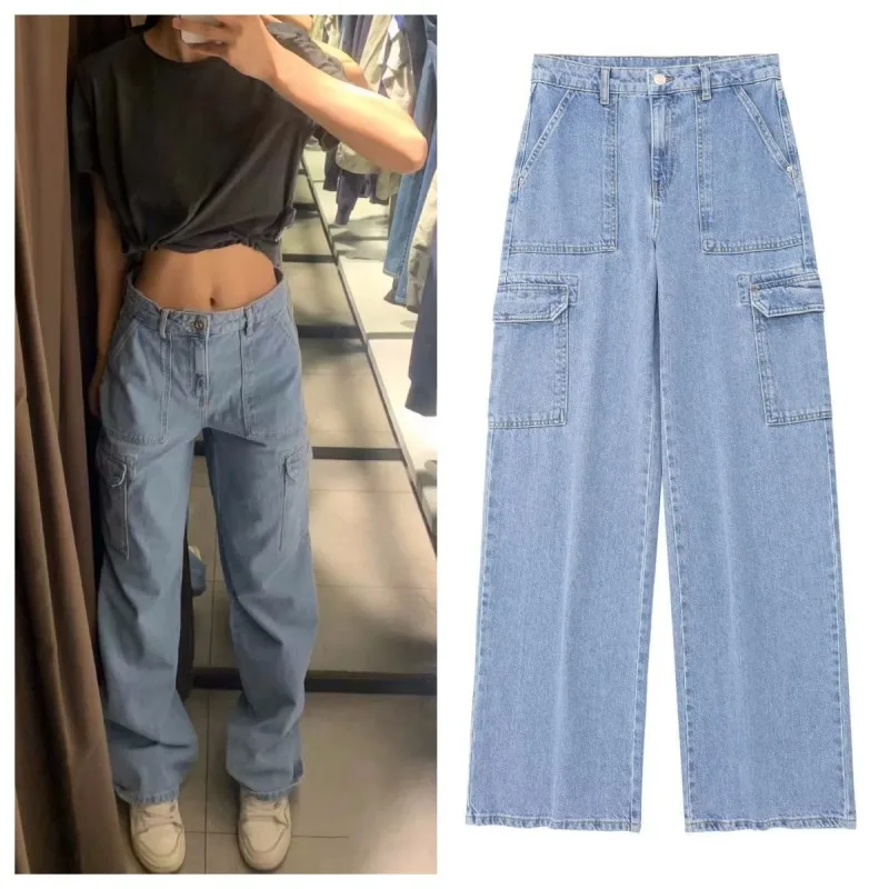 

2023 Spring And Summer New Fashion Casual Jeans High Waist Pocket Decoration Straight Loose Workwear Jeans