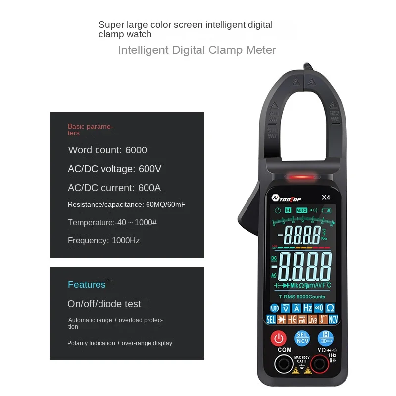 

TOOLTOP X4 True RMS Digital Clamp Meter 6000 Counts Auto Smart Multimeter AC DC Voltage Capacitance Frequency NCV Ammeter Mini