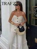 TRAFZA Women Elegant Solid Pant Suit Front Button Strapless Sexy Tank Tops + Side Slit Trouser Female Fashion Streetwear Sets 2