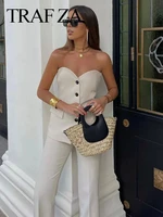 TRAFZA Women Elegant Solid Pant Suit Front Button Strapless Sexy Tank Tops + Side Slit Trouser Female Fashion Streetwear Sets 2