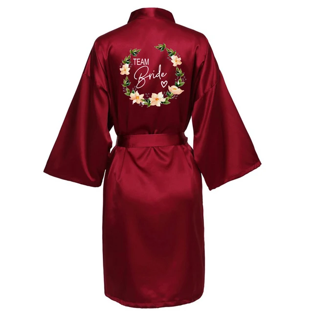 Wedding Party Team Bride Robe With Black Letters Kimono Satin Pajamas Bridesmaid Bathrobe SP003 Wine Red2