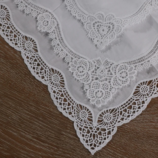 Lhs001 White Cotton 3 Dcs/Set 12 "X12" Designs Hankies Női Esküvői Ajándékok Csipke Zsebkendők Készletek - Image 2