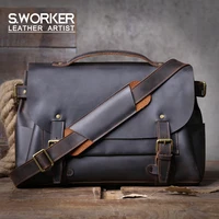 S.WORKER Vintage Genuine Cowhide Leather Men's Briefcase Laptop Messenger Bag Crazy Horse Leather Handbag Retro concise Style 1