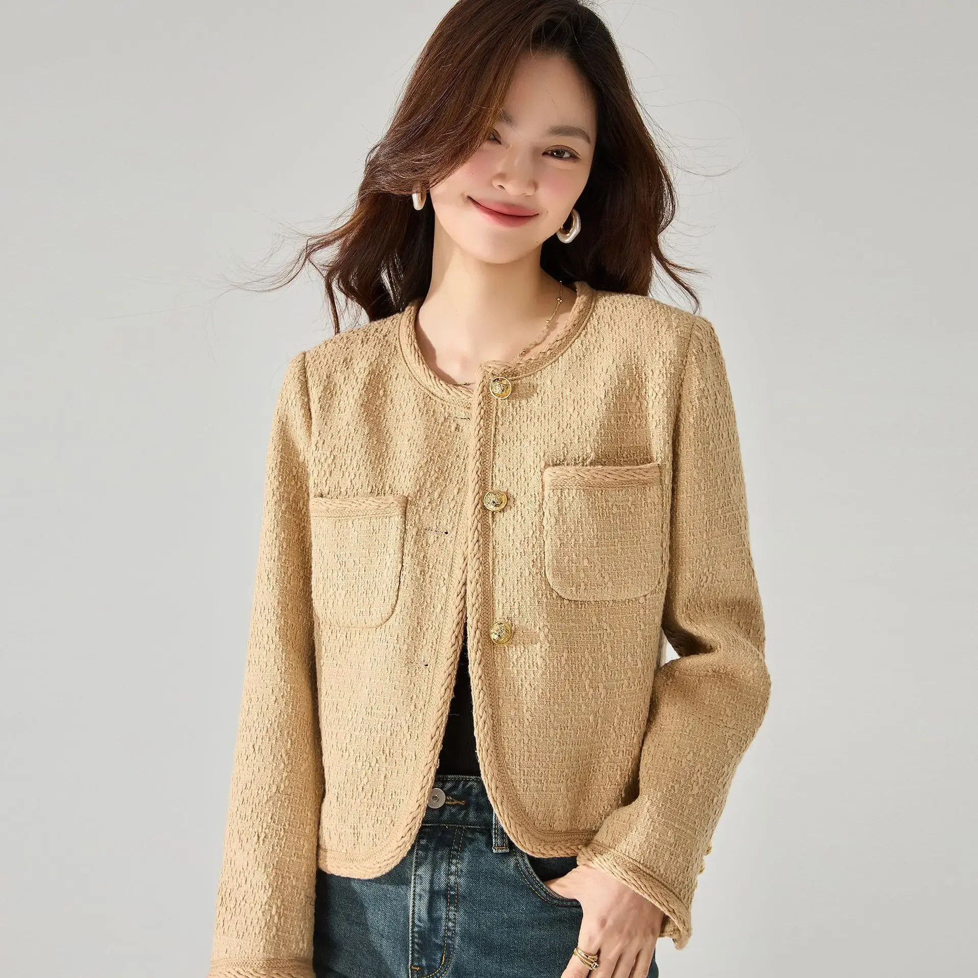 

Spring O-Neck Cropped Jacket Women Elegant Classic High Street Overcoat Small Fragrant Coat Long Sleeve Pockets Female Outerwear