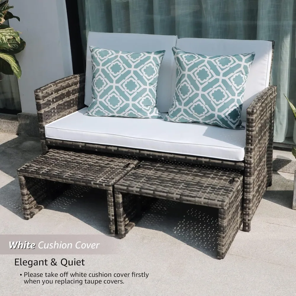 Outdoor Loveseat Patio Furniture Rattan Conversation Set with Ottoman, White Cushions, Grey Wicker, Pillows Included 4