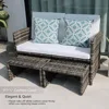 Outdoor Loveseat Patio Furniture Rattan Conversation Set with Ottoman, White Cushions, Grey Wicker, Pillows Included 4