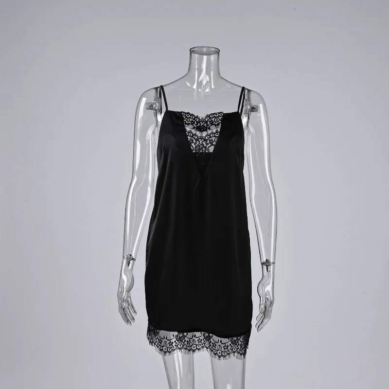 Damen Satin Slip Mini-Kleid mit Patchwork-Spitze, ärmellos, eckiger Ausschnitt, Freizeitkleid für Alltag und Party, modisch, sexy Vestidos 2026 – Detail 1