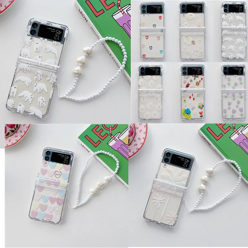 Z Flip4 Custodia Cute Cartoon Trasparente Pearl Heart Bracciale Custodia Per Telefono Pc Samsung Galaxy Z Flip4 Custodia 5G Per Galaxy Z Flip3 Cover