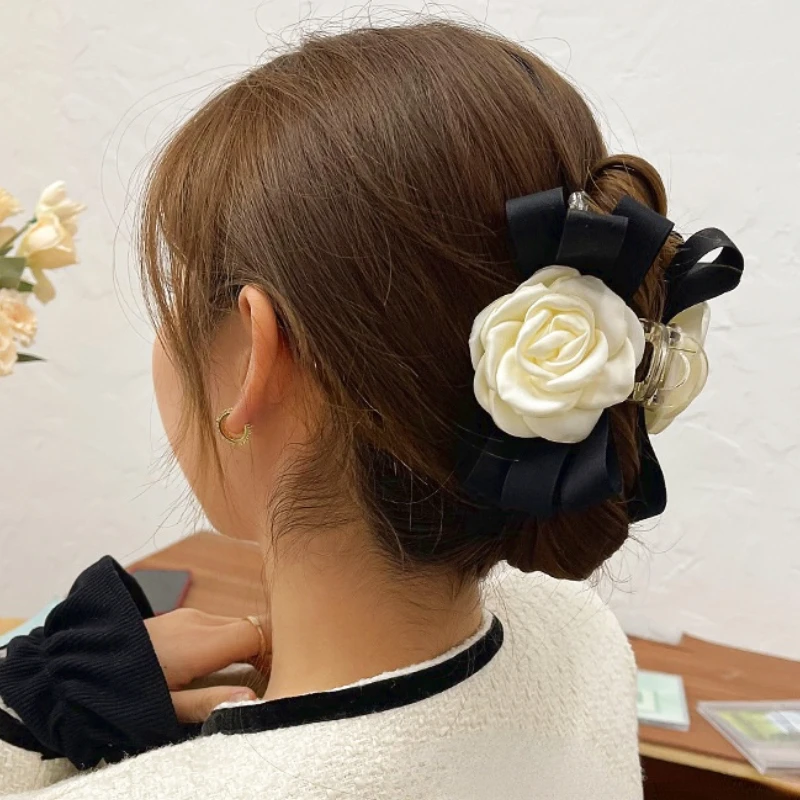 

Advanced Elegant Camellia Flower Bow Hair Claws Clip Bows Knot French pin Back Accessories for Women