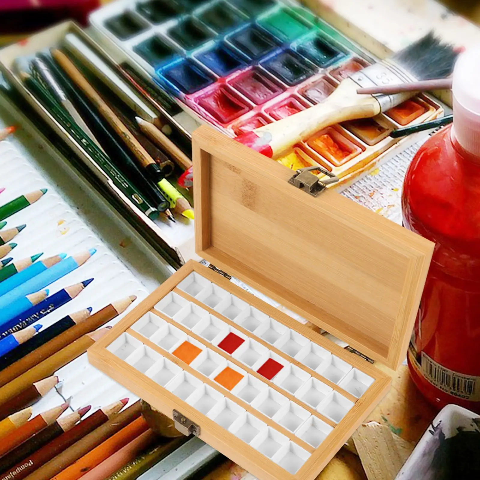 Bamboo Watercolor Paint Box Empty Box 36 Grid Outdoor Portable Color Solid Paint Nail Polish Color Palette paint tray color palette watercolor palette