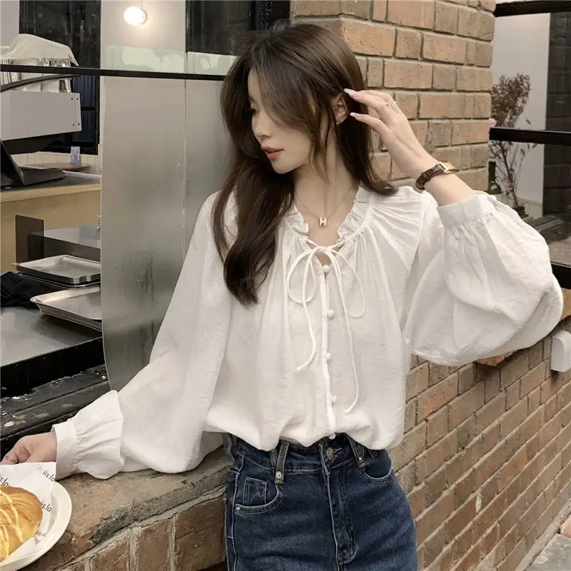 Fashion Blouses Women Korean Loose Lace-up Peter Pan Collar Kawaii Ins Chic Tender Sweet Tops Pure Casual m 4xl elegant v neck party dress for women 2023 summer chic hot sale sexy sweet slim beach print tender holiday dresses vestidos