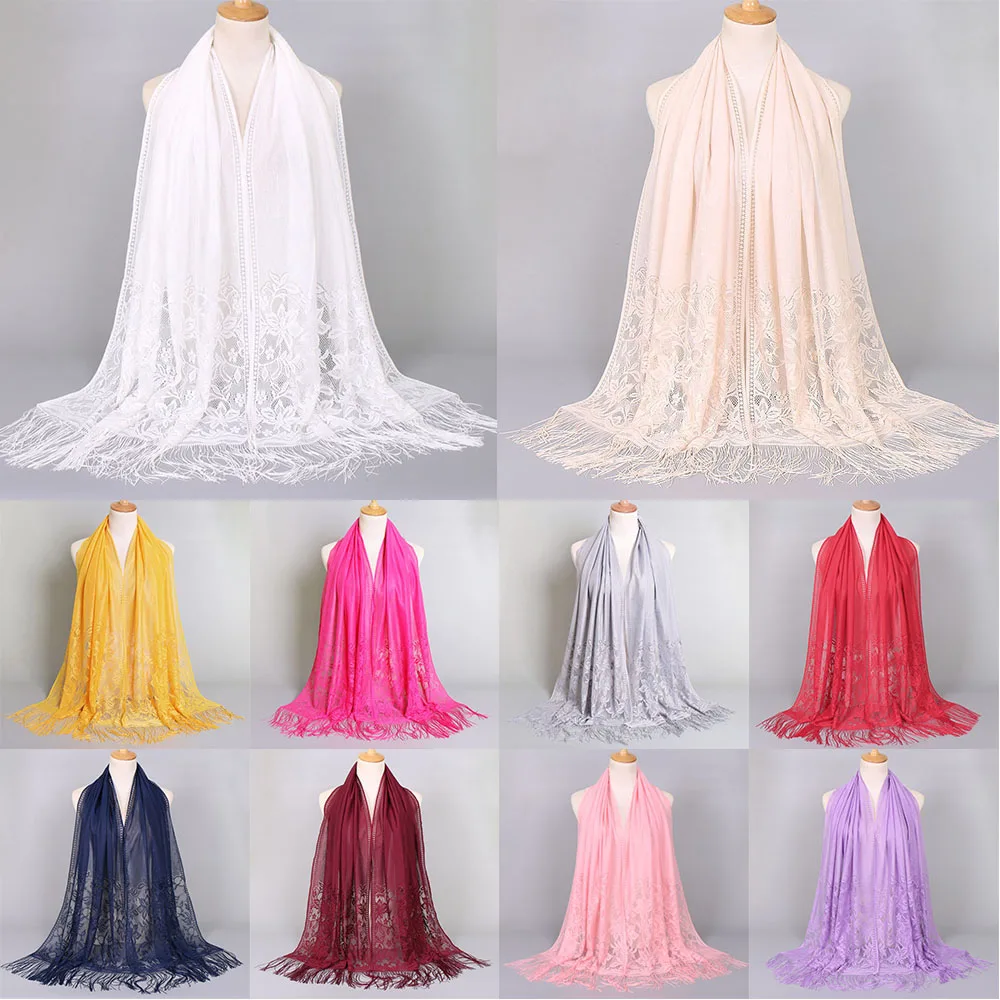 Women Scarf Muslim Hijab Pure Breathable Lace Scarf Long Tassel Shawls Veil Head Scarf Hollow Out Crochet Floral Fringed Shawl ice snow princess hair accessories magic wand set girl s jewelry long veil crown hair band gift children s headdress