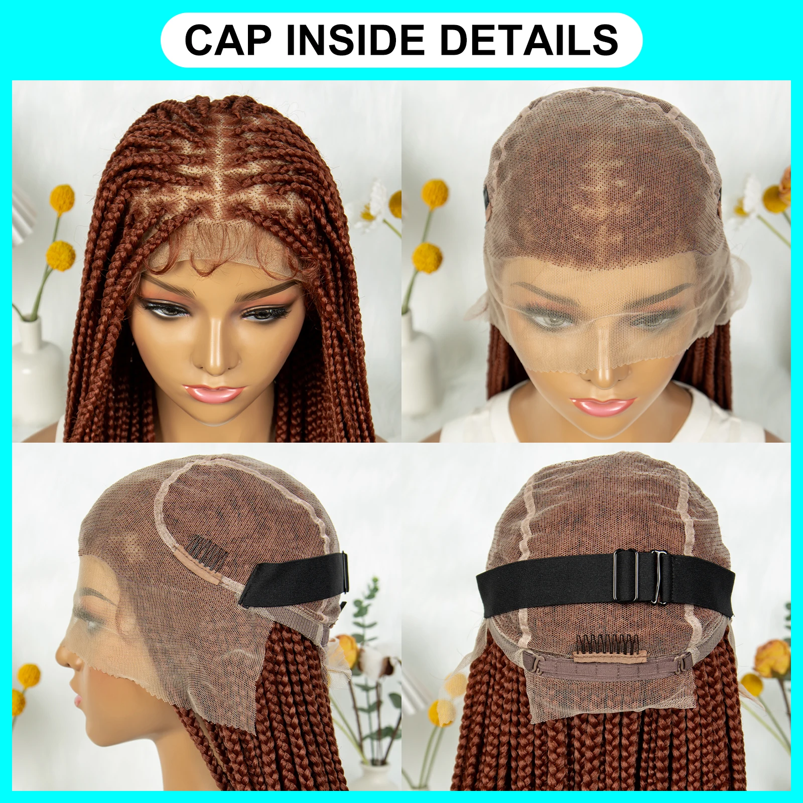 Lexqui 360° HD Full Lace Perücke – Geflochtener Box-Zopf, 91,4 Cm, Burgunderrot, Mit Babyhaar & Perückenkappe, Synthetisch & Natürlich Aussehend