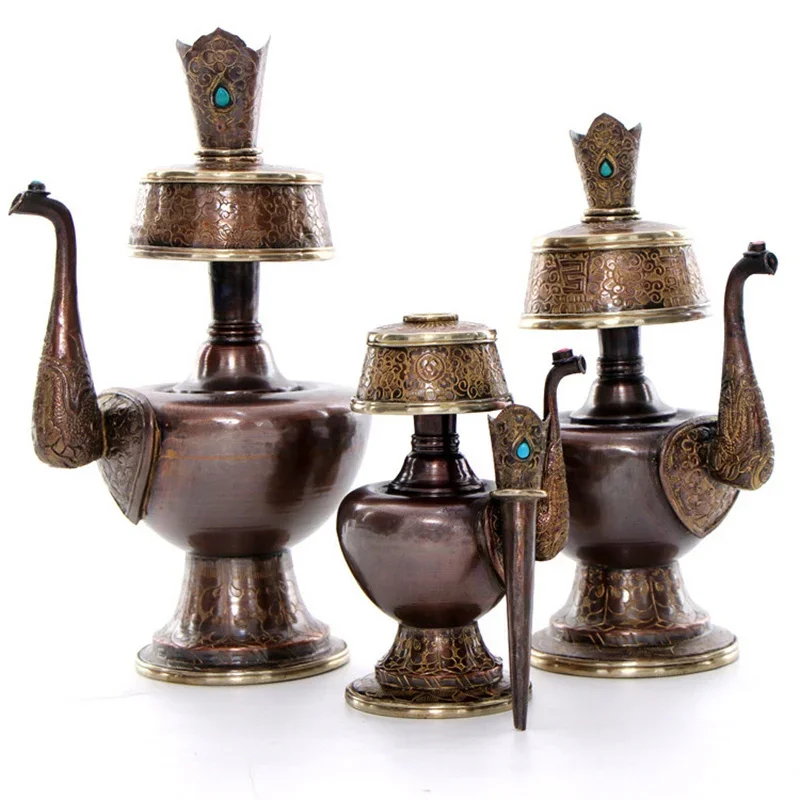 Brass Pemba Pot Asia Temple Family Hall Worshipping Nepal Auspicious Symbols of Buddhism Peacock Fan Buddhist Supplies
