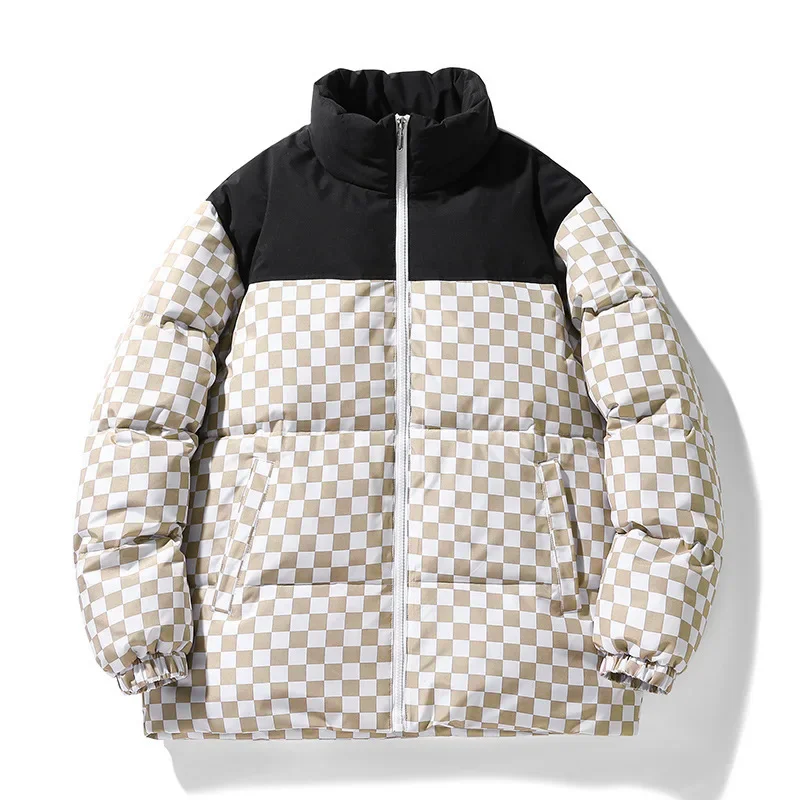 New Winter Down Coat Men's White Duck Plaid Trendy Couple Thickened Jacket Women's Fashion Color Block Stand Collar