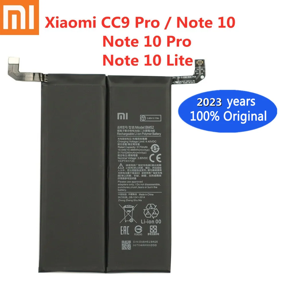 

2023 Years New BM52 Original Battery For Xiaomi Mi Note 10 Lite / Mi Note 10 Pro / CC9pro CC9 Pro 5260mAh High Quality Batteries