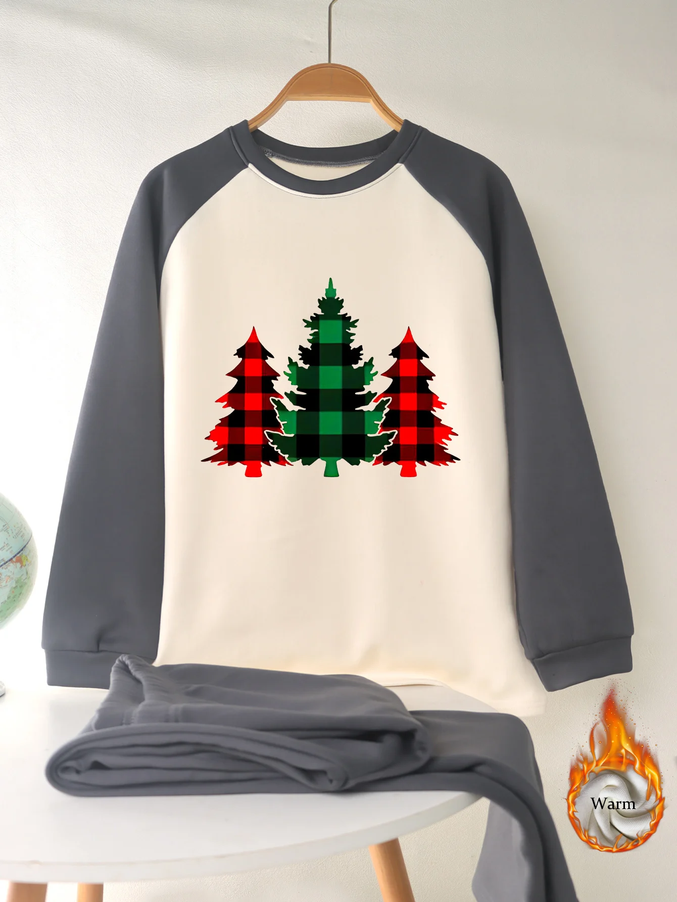 Adolescent Automne Hiver chaud sous-v&ecirc;tements set arbre de No&euml;l imprim&eacute; manches longues doux en duvet hiver Undershirt pantalo