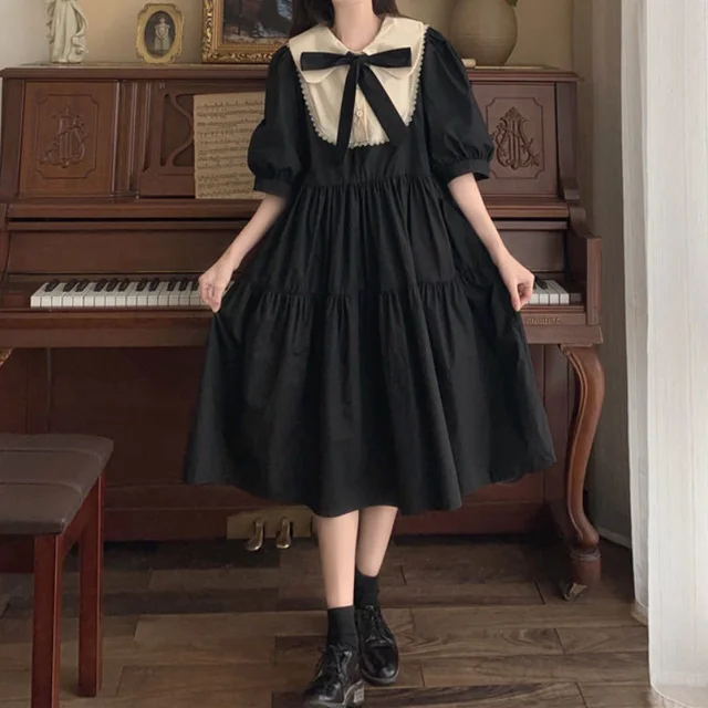 Kawaii Ladies Black & White With Bow Tie Lolita Dress Exquisite Vintage Dresses Sweet Puff Sleeve Preppy Fashion Sundress Design Robe Dress 1