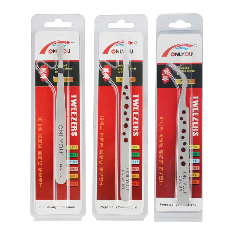 3pcs/set Stainless Steel Dull Polish Tweezer Flat Straight Curved Reversed Forceps