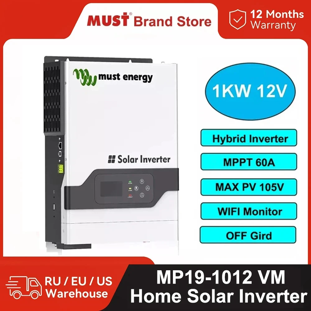 MUST Energy 1KW 12V 230V Home MPPT Hybrid Solar Inverter MPPT 60A PV 105V  Pure Sine Wave Solar System WIFI Monitor