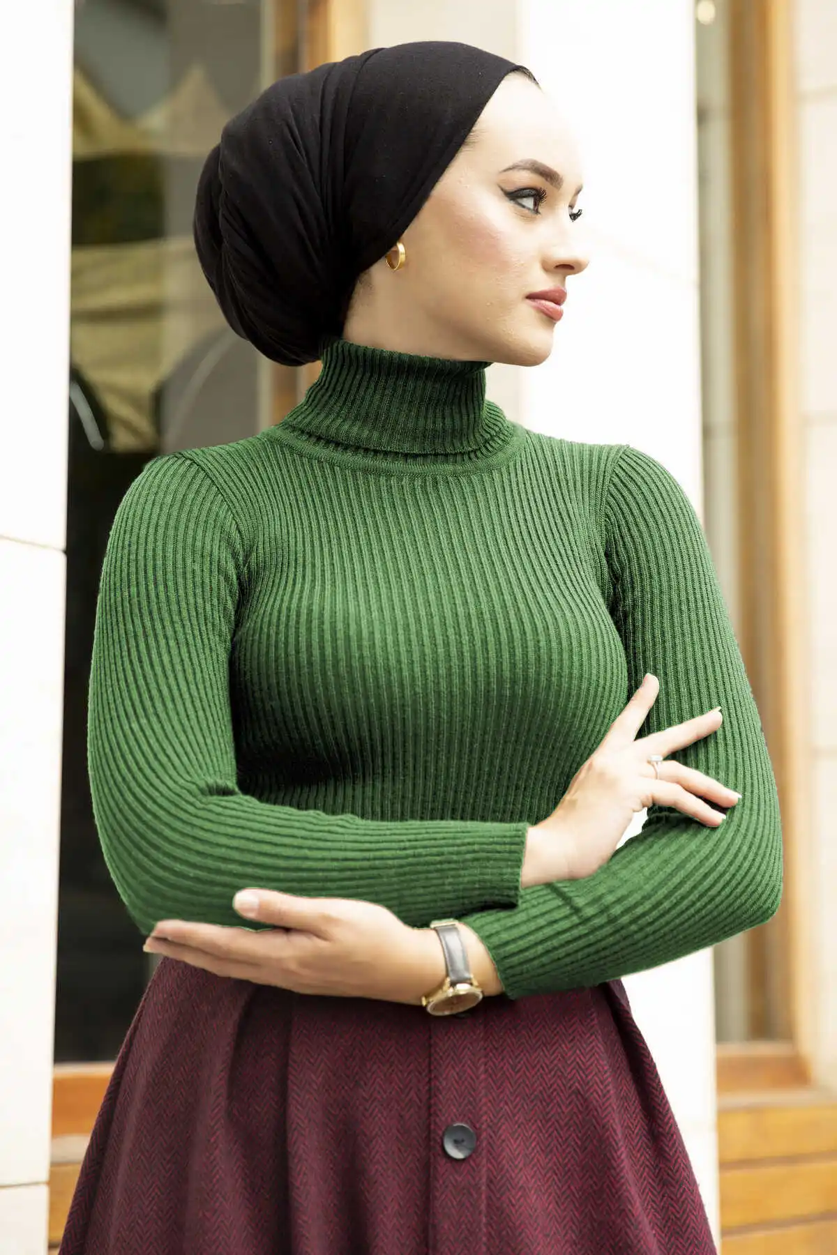 

-Трикотажный свитер с драпировкой, зеленая осенне-зимняя модель 2021, женский головной платок, Исламская Турция