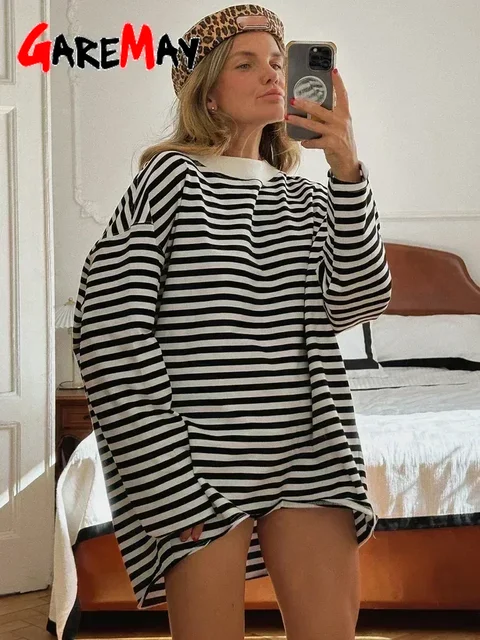 Women's Striped T-shirt 95% Cotton Oversized Black and White Casual Basic Long Sleeve Top Vintage  Casual T-shirts for Women 1