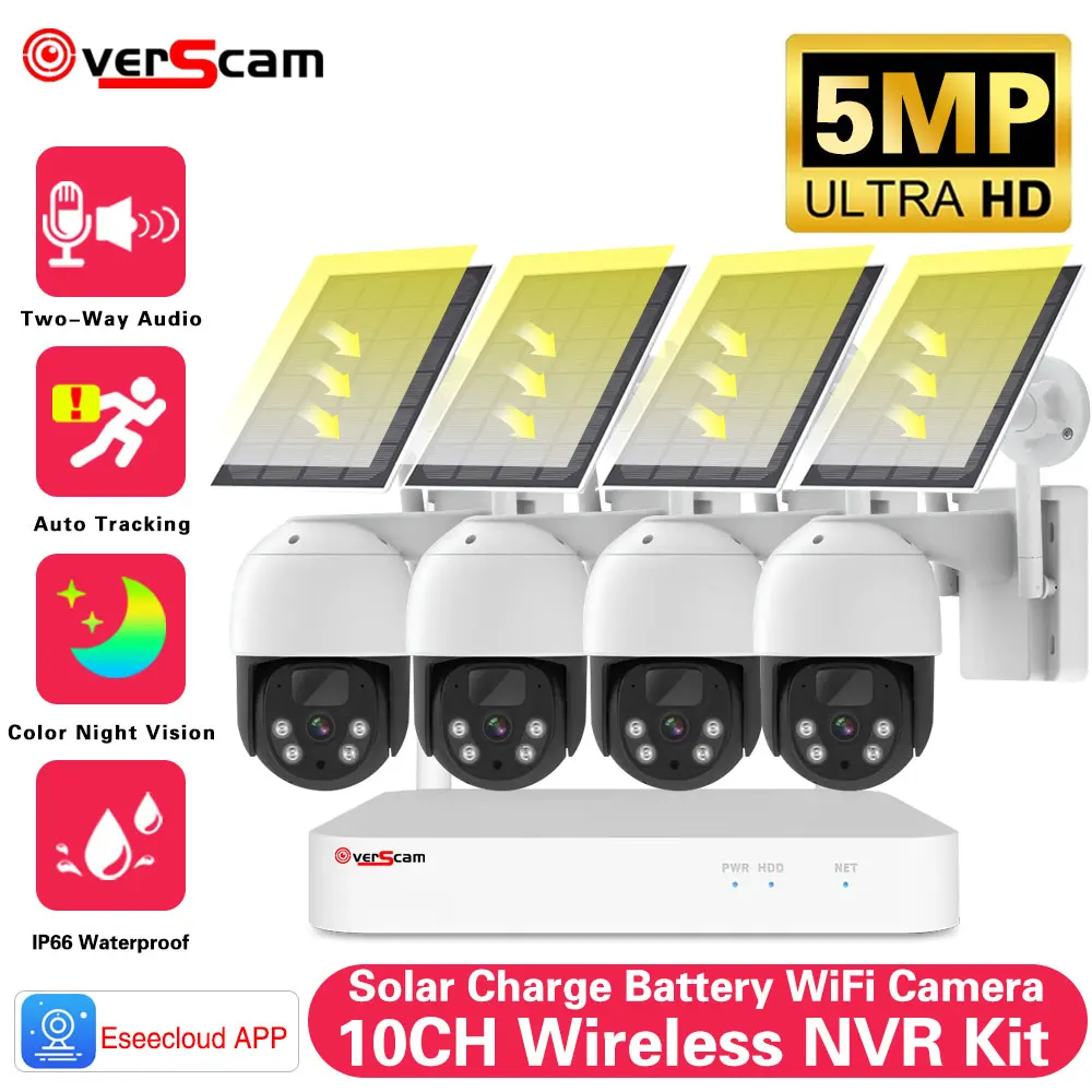 

5MP 10CH WiFi NVR 100% Wire-Free Solar PTZ Home Security Battery Auto Tracking 4MP Camera System Wireless CCTV Surveillance Set