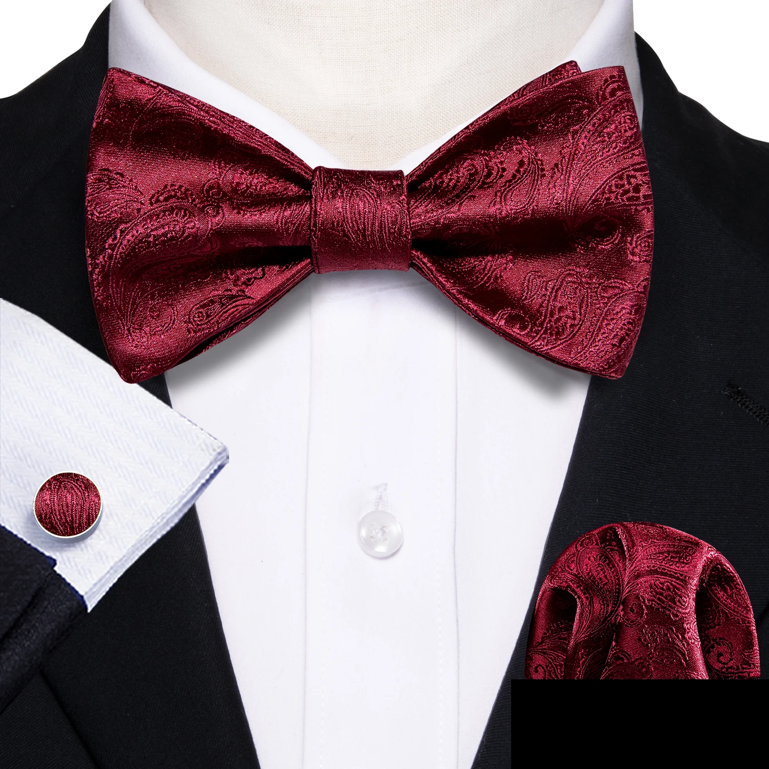 

Wine Red Paisley Self Bowtie Silk Pocket Square Cufflinks Set Fashion Suit Butterfly-Tie Groom Wedding Party Designer Barry.Wang