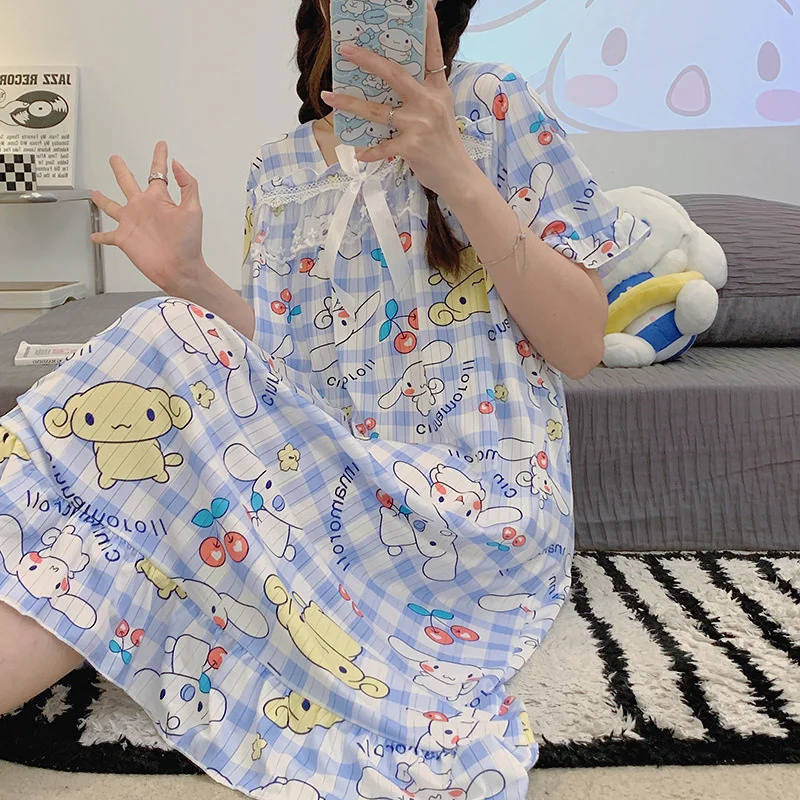 

Kawaii Kuromi Loose Short Sleeve Pajama Set My Melody Cinnamoroll Women Summer Sanrio Anime Girl Heart Plus Size Nightdress