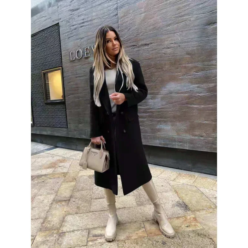 Autumn Women's Long Woolen Coat Retro Fashion Women's  Long Sleeve  Blue Casual Winter Street Wear Loose Coat