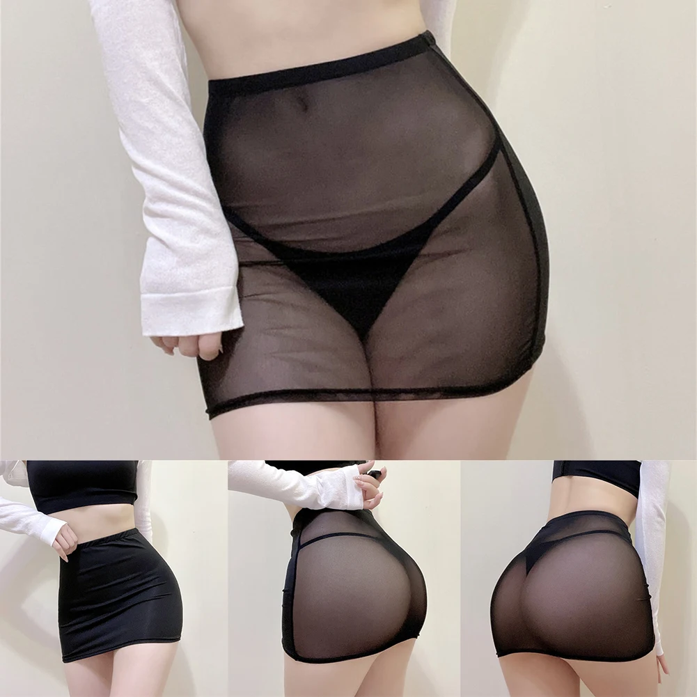 Sexy Damen Sheer Mesh Transparent Rock Frauen Schwarz Hohe Taille Dessous Kurze Stretch Nachtclub Mini Röcke Weibliche Kleidung – Detail 1