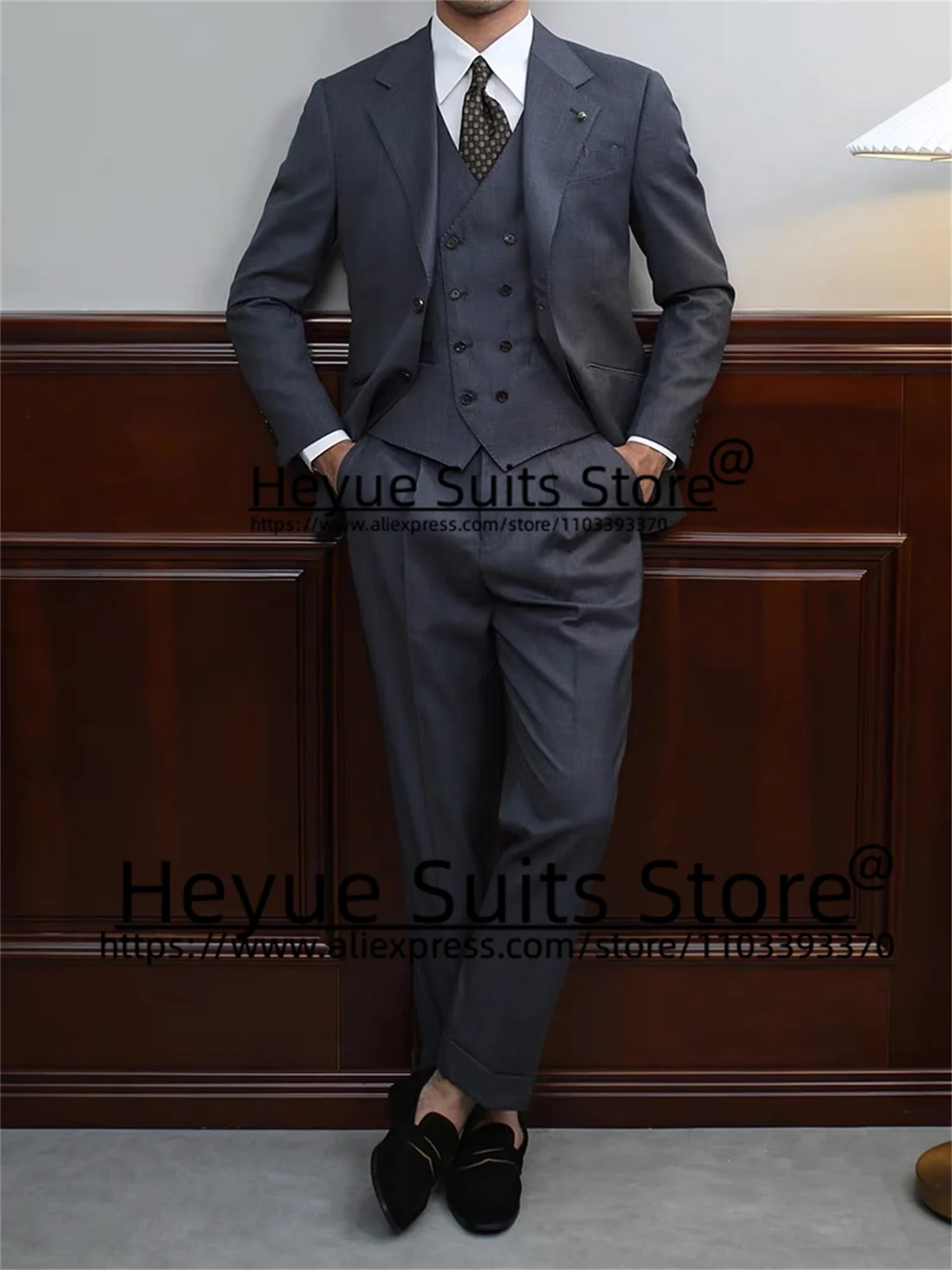 Elegant Navy Blue Formal Men Suits Slim Fit Notched Lapel Groom Prom Tuxedos Party 3 Pcs Sets Business Male Blazer Costume Hoome