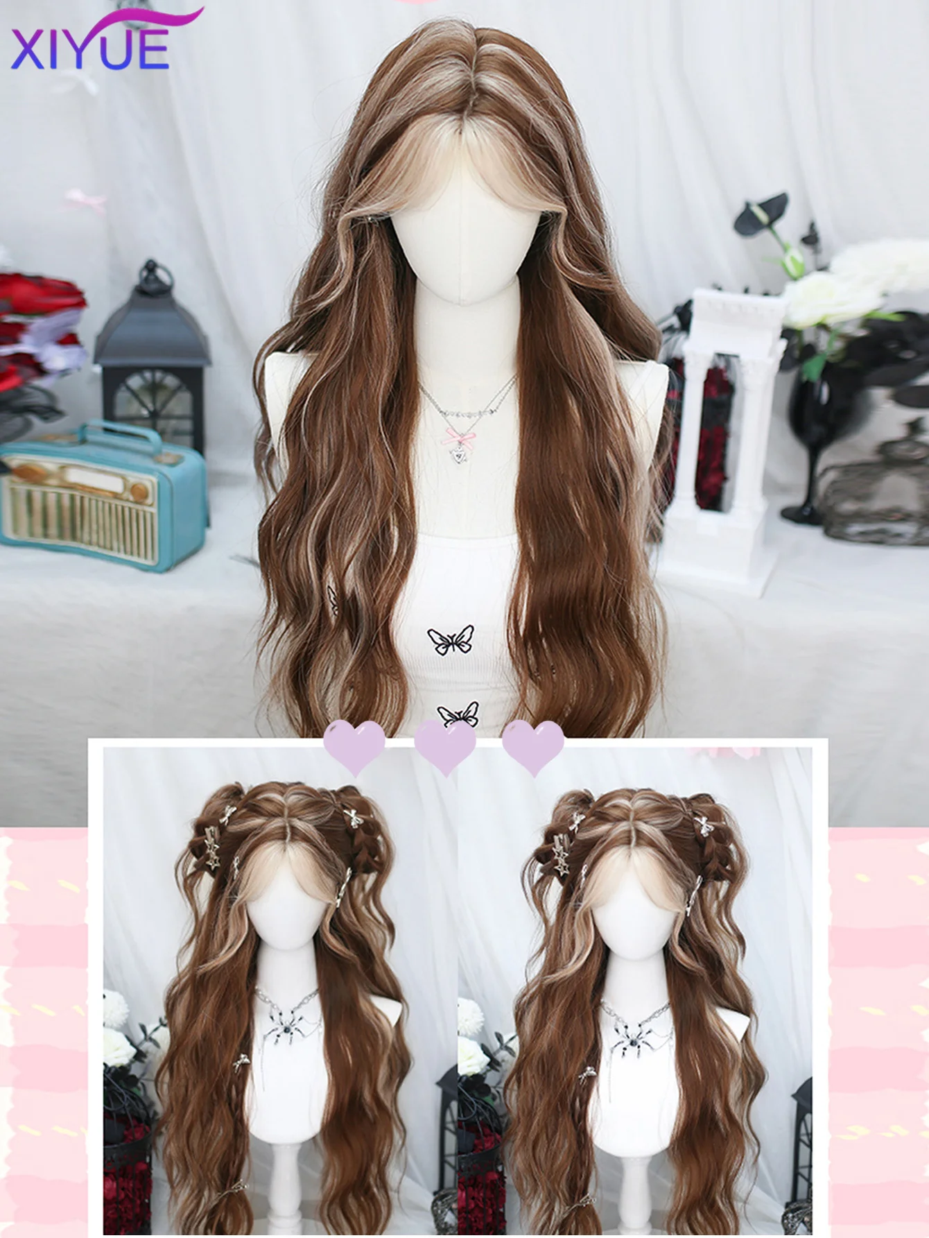 XIYUE Brown Blonde Long Wavy Synthetic Wigs Middle Part Natural Wig Heat Resistant Cosplay Party Daily Hair Wig for Women