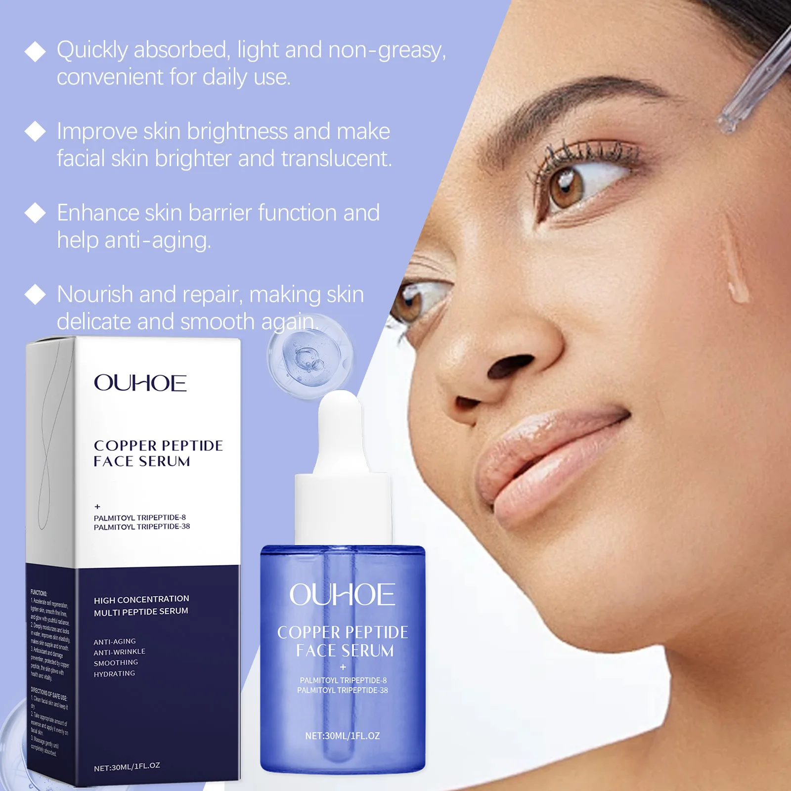 Copper Peptide Serum Anti Aging Remove Wrinkles Fade Fine Lines Shrink Pores Hydrating Soothing Repairing Firming Facial Essence 5