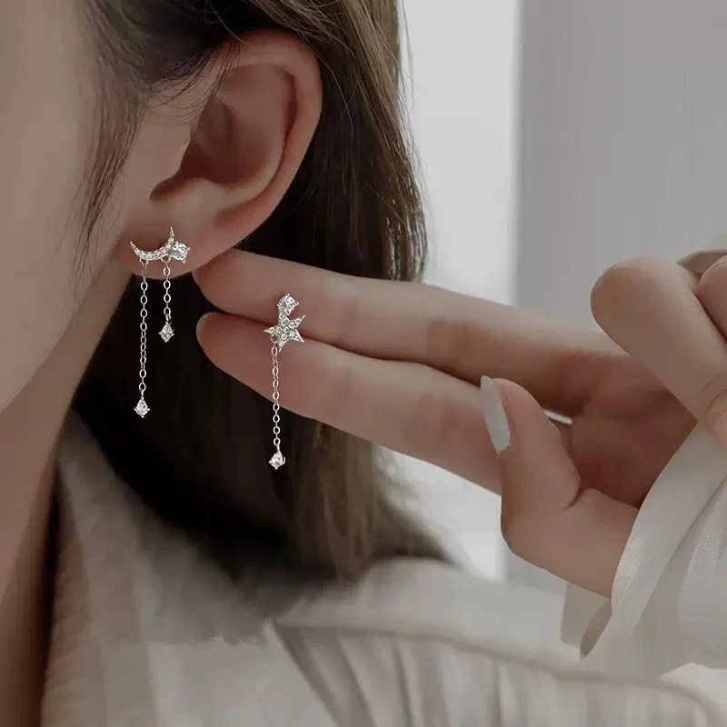 

925 Sterling Silver Moon Star Tassel Earrings Shiny Zircon Earrings Ear Thread Female Wedding Fashion Jewelry Party Gift