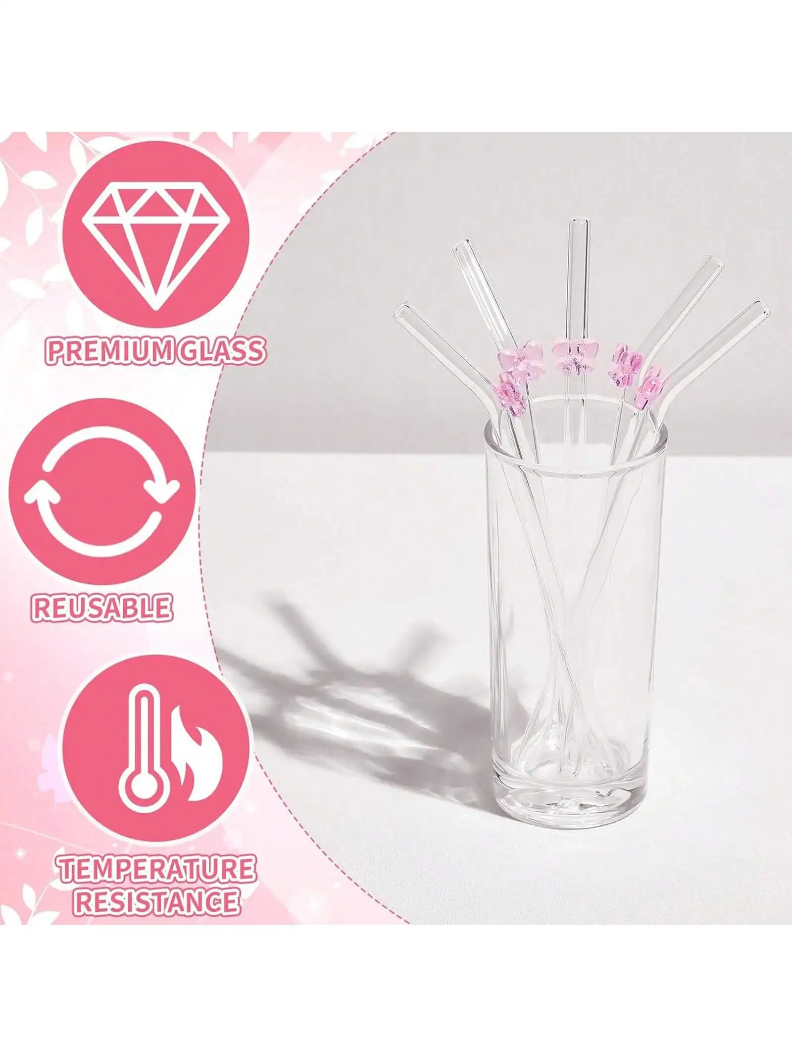 Reusable Bow Glass Straw Set – Cute and Eco-Friendly Drinking Straws with Cleaning Brush for Coffee, Smoothies, Frozen Drinks, Tea, and Juice (7-Pack)