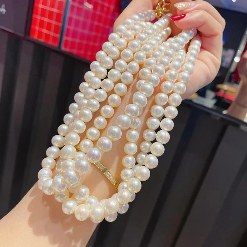 A Butterfly 9-10MM Natural Freshwater Pearl Clavicle Necklace Nearly Round Slightly Defects Shiny Chain Length 40-50Cm