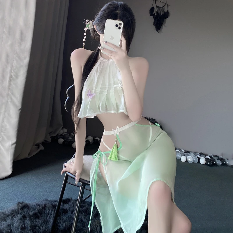 

Green Lace Hot Babydoll Uniform Anime Princess Cosplay Sexy Lingerie Exotic and Sensual Chinese Ancient Style Dance Costume Set