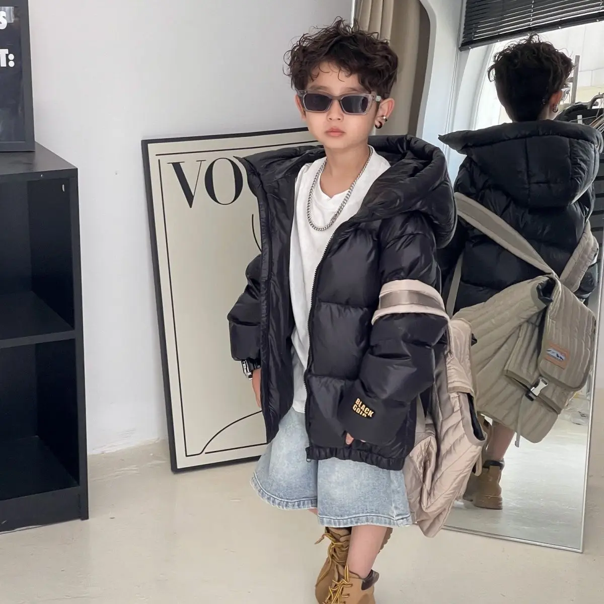 Winter High Quality Teen Boys' Thickened Warm Down Jacket Children Hooded Black White Duck Down Outerwear Letter Print 5-12 Yrs
