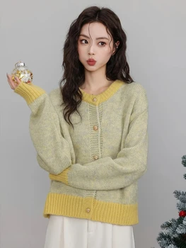 2025 سترة واحدة الصدر طويلة الأكمام المرقعة محبوك سترة س الرقبة معطف دافئ غير رسمي مكتب ملابس خارجية الخريف الشتاء 5