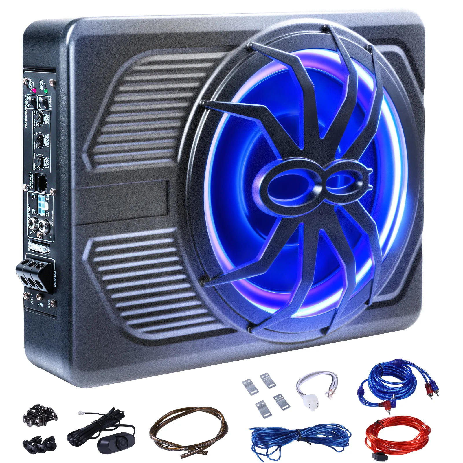 Car subwoofer amplifier 10" 800W stereo surround sound built-in blue LED ambient light