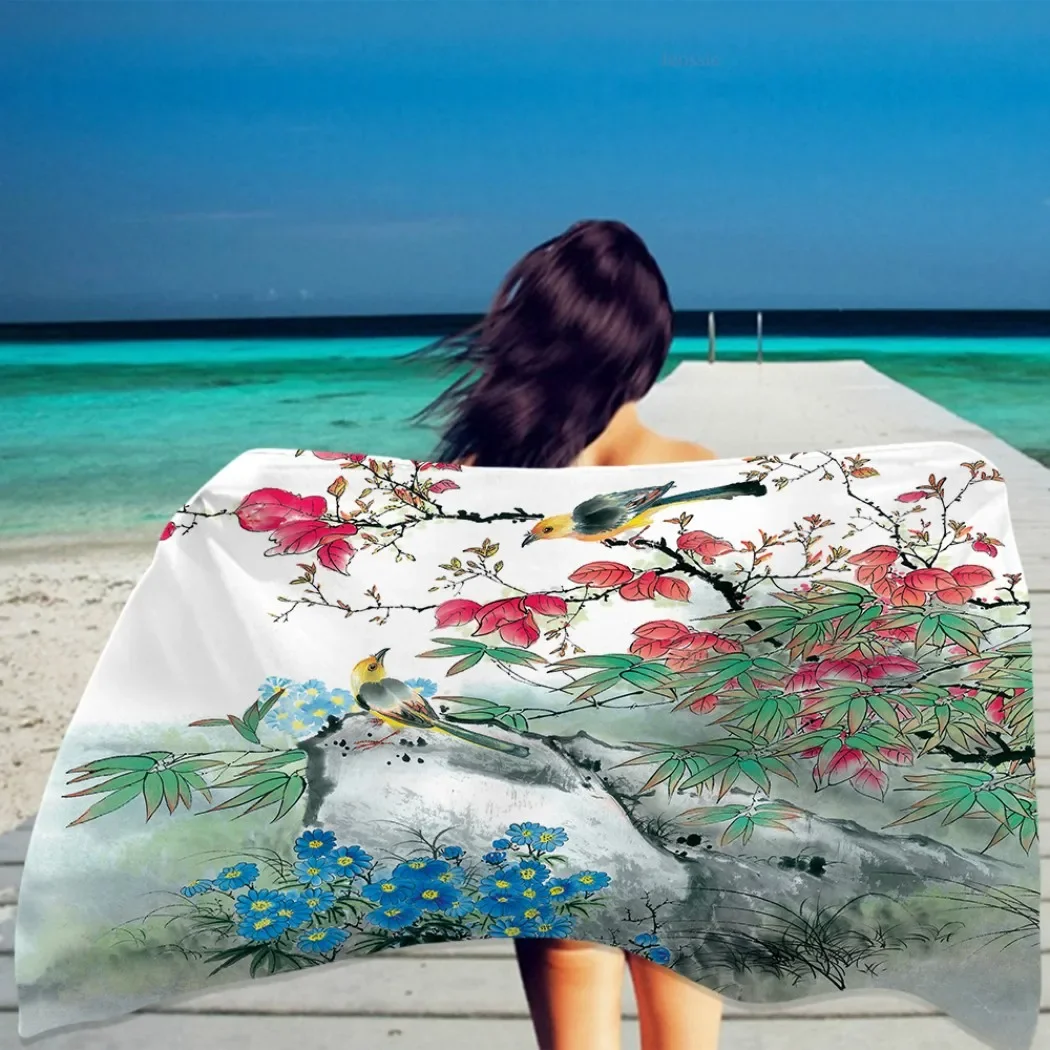 Plum Blossom Flower Beach Towel Microfiber Quick Dry Towel Ink Painting Summer Rectangular Absorbent Home Decor for Women