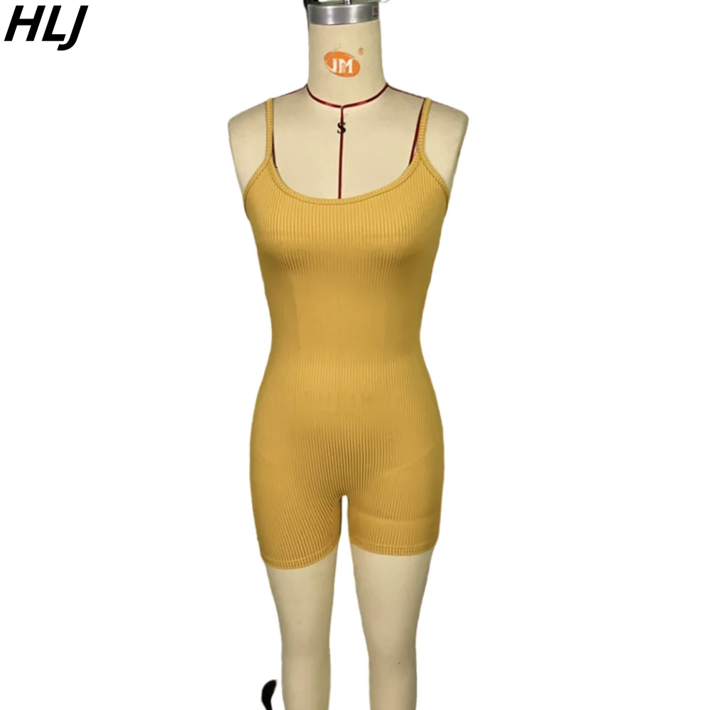 HLJ Summer New Solid Color Ribber Bodycon Sporty Rompers Women Round Neck Sleeveless Slim Jumpsuits Casual Female Jogger Overall