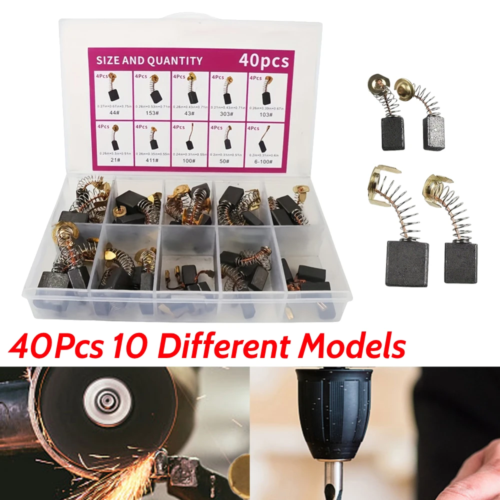 40Pcs Electric Motor Carbon Brushes 10 Different Sizes for Replacement Repair Power Tool Part