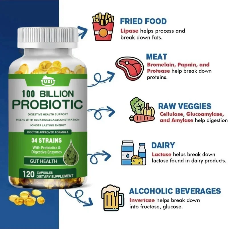 Prebiotics Enzyme Capsules-with Probiotics & Prebiotics 30/60/120 Capsules Non-GMO and Gluten Free Supplement