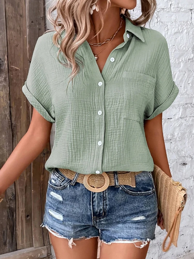 Women Casual Cotton Blouse Vintage Summer Short Sleeve Slim Shirt Elegant Turn Down Collar Solid Tunics Harajuku Streetwear Tops - 2