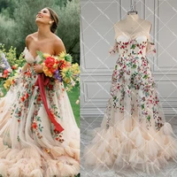 Customized Fairy Colorful Embrioiderey Puffy Wedding Dress Off Shoulders Sweetheart Overlay Tulle Bloom Flower Bridal Gowns 1